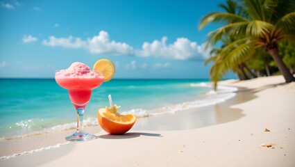 Obraz premium Tropical frozen daiquiri on beach with pink swirls blue ocean and palm trees