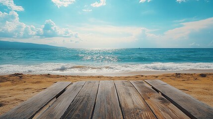 Fototapeta premium wooden beach table next to the ocean, creating a scenic coastal setting with peaceful waves and a relaxing view of the horizon, perfect for outdoor enjoyment