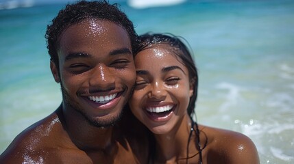 black man and woman having fun and laughing on the beach, enjoying the sun, ocean breeze, and a playful moment of joy and happiness during their vacation