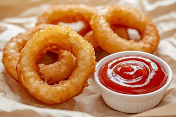 Crispy Golden-brown Onion Rings Served With A Side Of Ketchup, Presented On Parchment Paper, Food Photography, Food Menu Style Photo Image