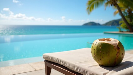 Tropical paradise with coconut water on sun lounger by infinity pool overlooking ocean