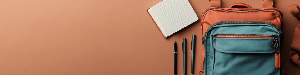 Naklejka premium Colorful backpack with notebook and pens on a stylish surface, ideal for students and professionals, background with copy space