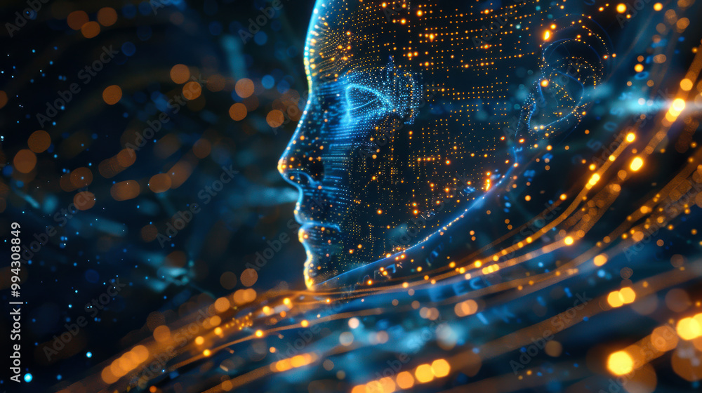 Poster digital representation of a human face with glowing circuitry set against a dark background, showcas