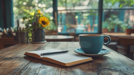 coffee and notebook placed on a work desk, highlighting a productive routine, cozy workspace, and the creative inspiration that comes from enjoying a cup of coffee while writing