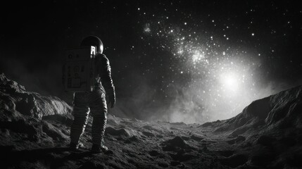 Obraz premium Astronaut Standing on a Rocky, Cratered Landscape with Stars in the Background