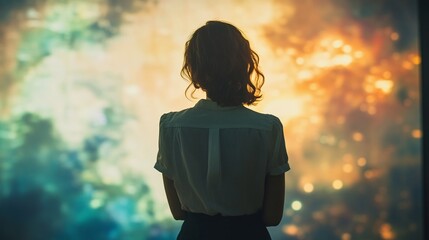 woman standing in front of a projection screen, giving a presentation to a business audience, leading a seminar or corporate training session, showcasing leadership and professional communication