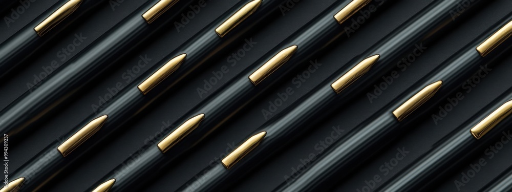 Poster a stylish pattern of black ink pens, neatly aligned in parallel rows