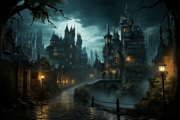 Mysterious gothic town, eerie and enchanting, illuminated by lanterns against a dark foggy backdrop