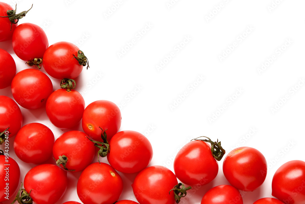 Sticker many fresh cherry tomatoes on white background