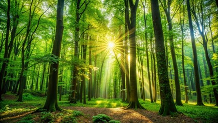 Obraz premium Lush Green Forest Background with Tall Trees and Sunlight Filtering Through the Leaves and Branches