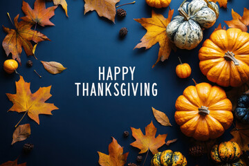 Happy Thanksgiving Day with maple leaves and pumpkin on blue background