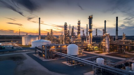 An industrial landscape at twilight, showcasing a vibrant oil refinery illuminated against the dusk sky. The intricate network of pipes and towering structures reflects modern engineering and energy