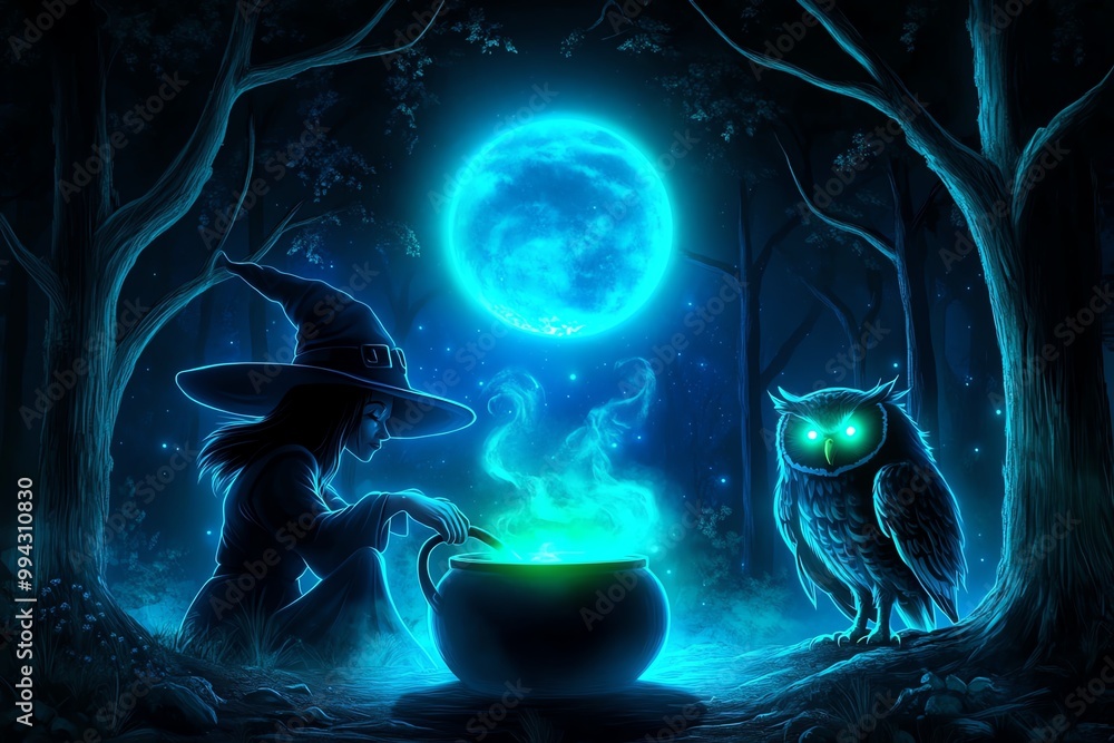 Poster a witch stirring a cauldron in a forest under the glow of a full moon, with the trees around her lit