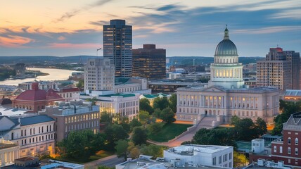 Fototapeta premium Stunning Cityscape at Dusk: A Panoramic View of the Capitol Building and Skyline, Bathed in the Warm Glow of Sunset Over the River