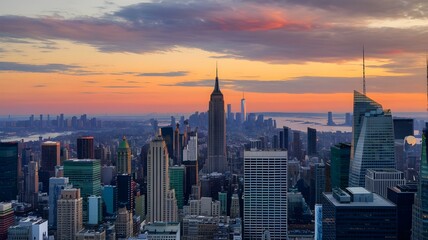 Fototapeta premium Majestic New York City Skyline at Sunset: A Breathtaking View Featuring Iconic Landmarks and Vibrant Sky Colors