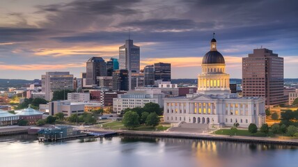 Obraz premium Stunning Twilight Cityscape: The Historic Capitol Building and Modern Skyline Reflected in the Serene Waters of the River