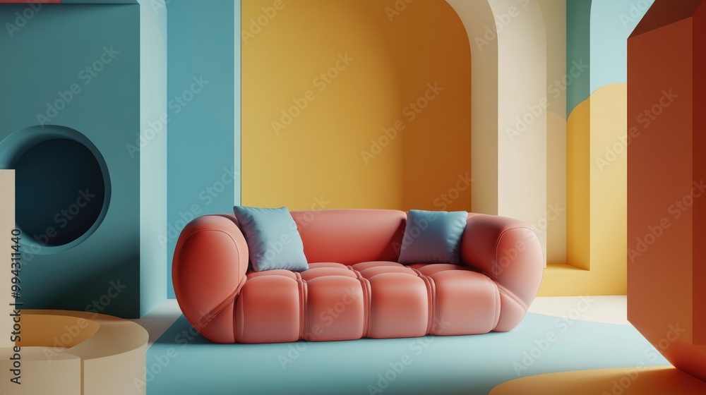Poster 3d rendering of a soft sofa in a creatively designed geometric interior space featuring an axonometr
