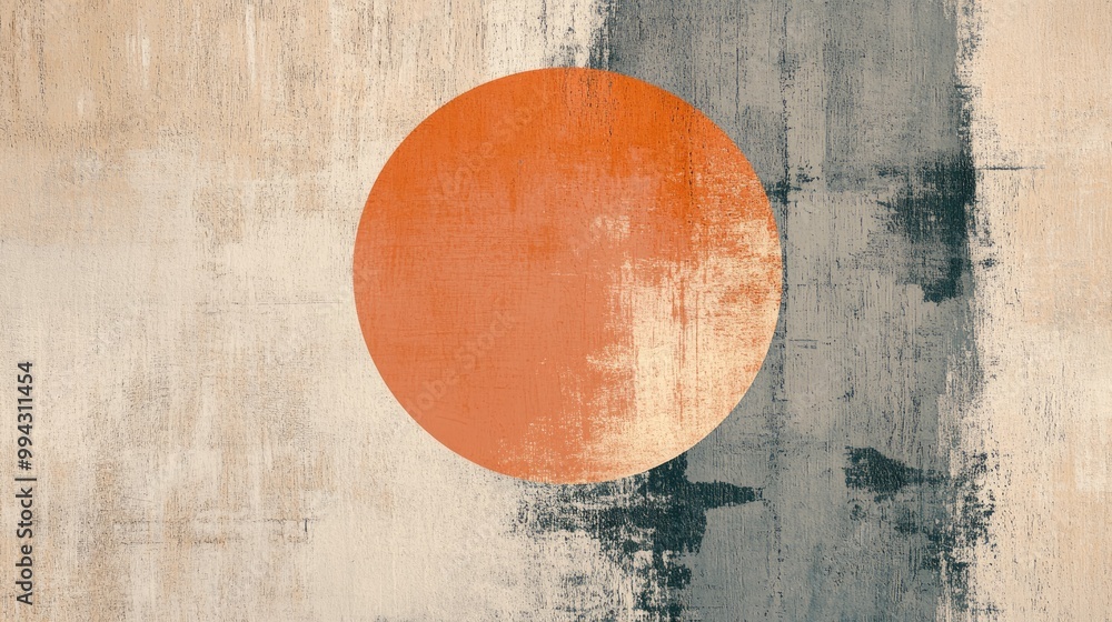 Poster abstract design featuring a prominent orange circle and layered shapes in soft hues on a textured ba