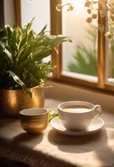 morning serenity empty coffee cup bathed gentle light surrounded soft textiles natural elements, warmth, cozy, ambiance, comfort, relaxation, nature