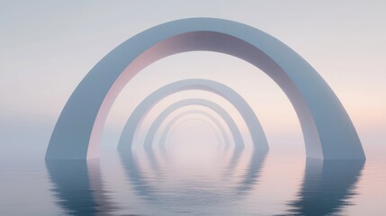 Obraz premium 3D render of an abstract zen seascape featuring surreal geometric arches tranquil waters and a soft gradient sky creating a futuristic minimalist aesthetic