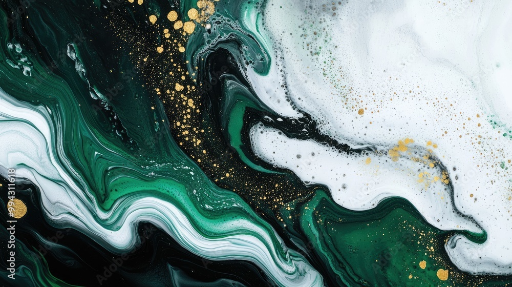 Poster abstract fluid art with liquid green white and black paint creating drips and wavy patterns showcasi