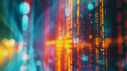 Abstract representation of digital data flows with vibrant blue and orange lights in a futuristic environment