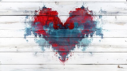 Abstract heart design showcasing red and blue reflections on a weathered white wooden surface producing a captivating mirrored visual