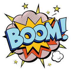 a comic-style illustration featuring the word "BOOM!" in large, bold, blue letters with a black outline. The text is set against a dynamic explosion graphic with a starburst pattern in yellow and oran