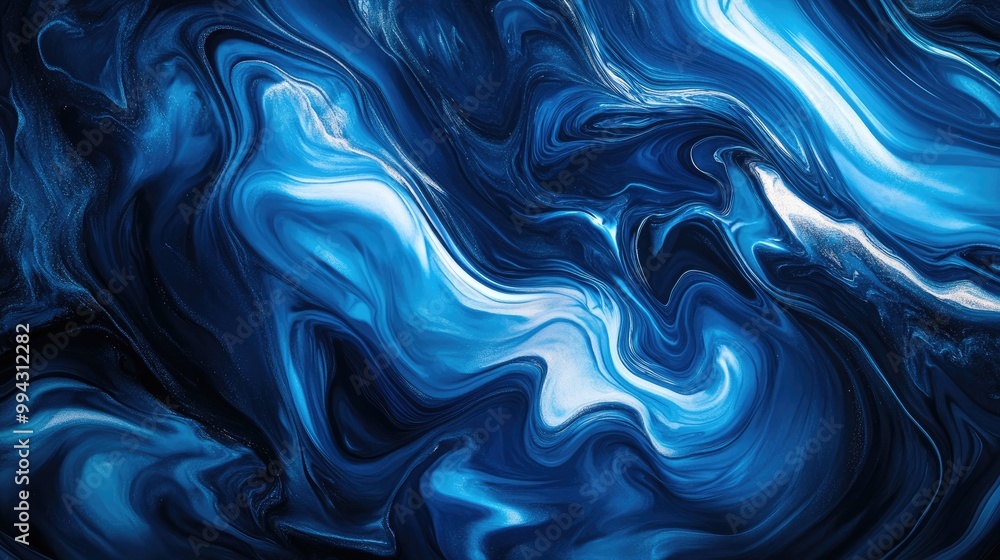 Poster abstract blue wave swirls on a dark surface creating a fluid art marble effect and dynamic texture