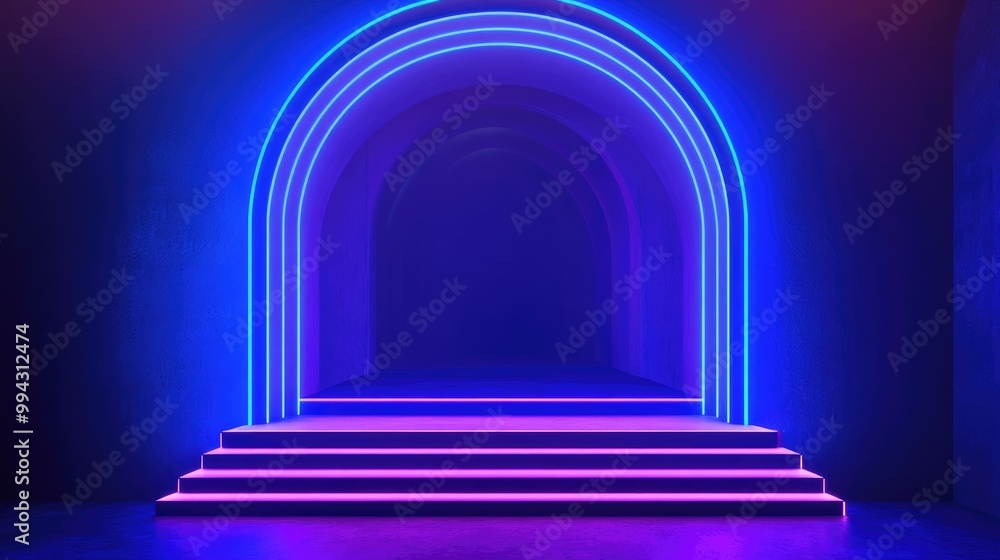 Poster 3d render of an abstract neon background featuring a glowing blue rounded arch and stairs designed f