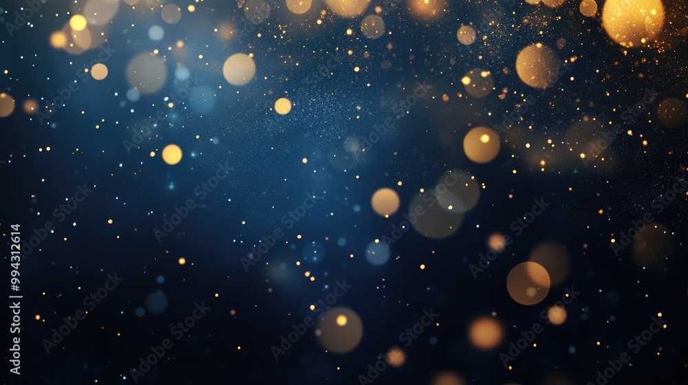 Poster dark blue and gold abstract background with shimmering particles and bokeh effect creating a festive
