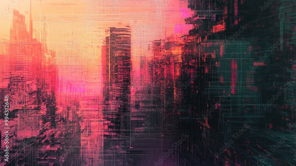 Poster digital glitch with color distortion featuring line and pixel noise effects