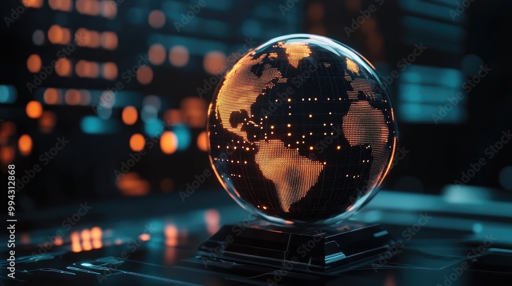 Poster 3d illustration of a holographic globe composed of luminous dots against a dark backdrop a sci fi in