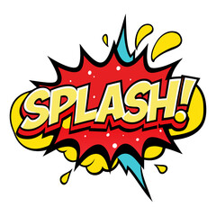 a comic-style graphic with the word "SPLASH!" in bold, yellow letters outlined in black. The text is set against a red, starburst-like shape with black edges, giving it a dynamic and explosive appeara