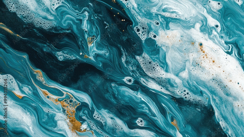 Poster acrylic fluid art featuring natural turquoise waves and frothy bubbles across a canvas creating an a