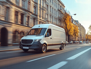 White modern delivery small shipment cargo courier van moving fast on motorway road to city