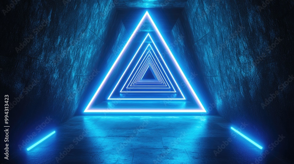 Poster 3d rendering of an abstract geometric background featuring a blue neon lit triangle tunnel