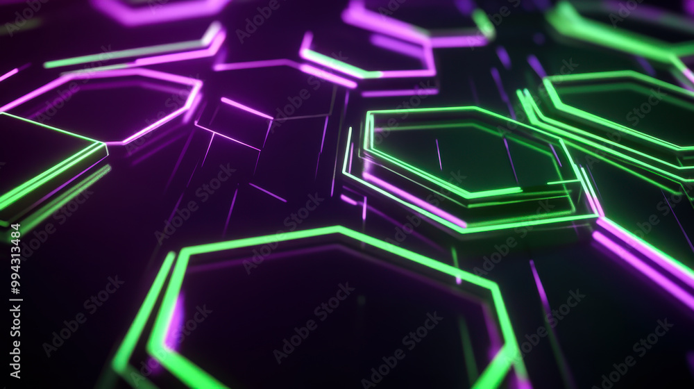 Poster abstract geometric pattern illuminated with purple and green lights on a dark background, creating a