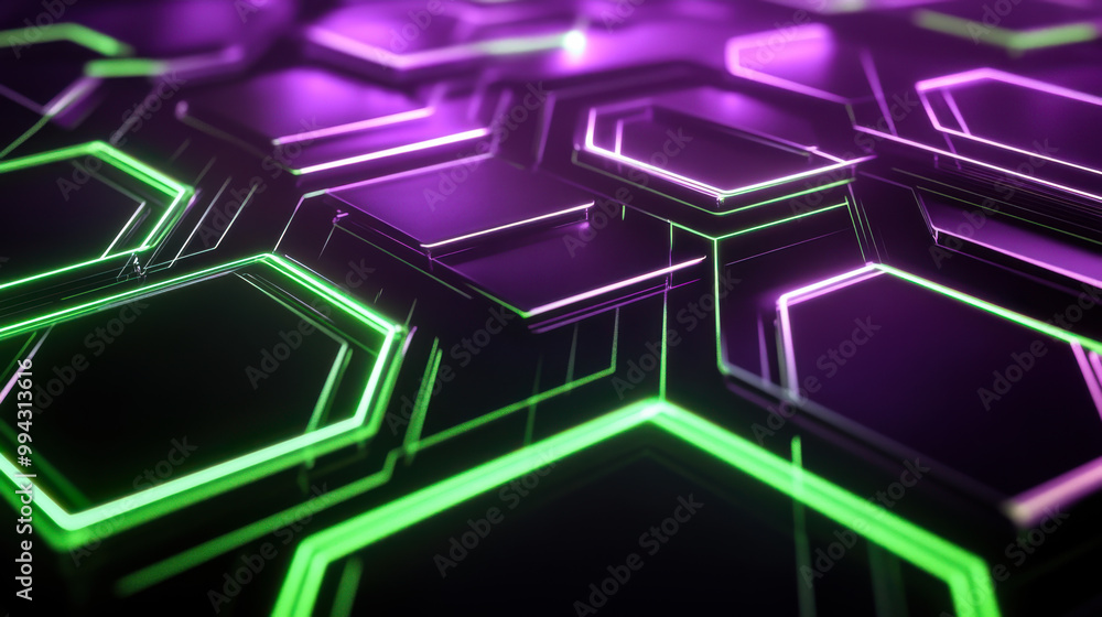 Poster abstract geometric pattern illuminated with purple and green lights on a dark background, creating a