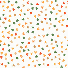 stars hearts cute seamless pattern. Colorful doodle hearts on a white background. Ready template for design, postcard, print, poster, party, Valentine's Day
