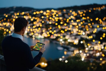 Man analyzing financial data on tablet with city lights in background