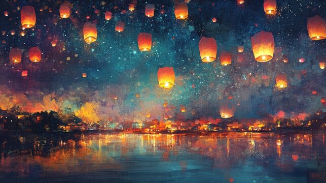 A vibrant assortment of floating lanterns illuminating the night sky