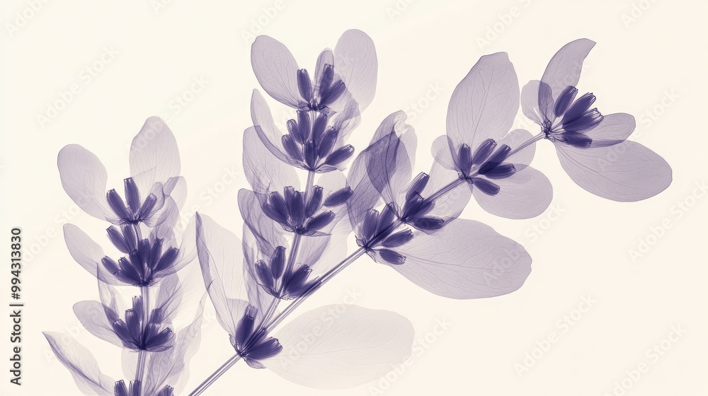 Poster botanical x ray of lavender showcasing harmonious forms in a minimalist style with a light color pal