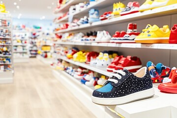 Colorful children's shoes displayed in a modern shoe store