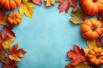Autumn Thanksgiving background. Pumpkins and maple leaves on turquoise table top view.
