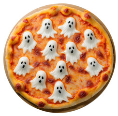 Scary Halloween pizza on wooden board with ghosts made of mozzarella cheese. Top view. Transparent background. PNG.