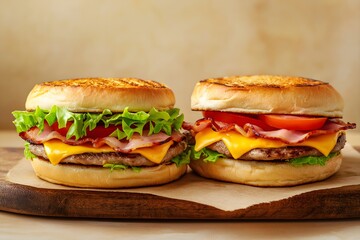 Two Grilled Sandwiches With Meat, Cheese, Bacon, Ham, Tomato Slices, Lettuce Leaves, Food Photography, Food Menu Style Photo Image