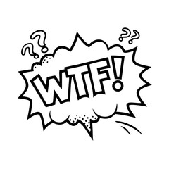 a black and white cartoon-style graphic with the letters "WTF!" in bold, capital letters inside a jagged speech bubble. Surrounding the speech bubble are several small question marks, adding to the ex