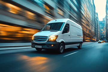 White modern delivery small shipment cargo courier van moving fast on motorway road to city