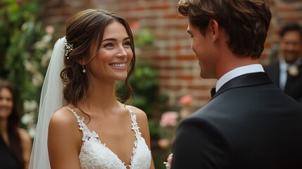 a beautiful wedding ceremony with the bride in her wedding dress and the groom in his tuxedo exchanging vows in front of guests, surrounded by flowers and filled with romance and devotion
